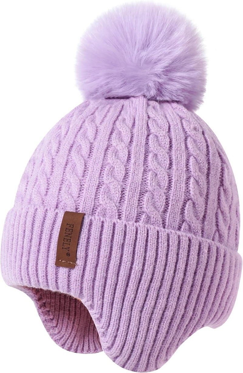 FENELY Girls Boys Winter Hat 3-12, Children's Warm Knitted Earflaps Beanie with Pom Pom Thicken Fleece Lining Cap for Kids - Image 1